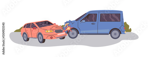 Traffic accident, car crash of two drivers on highway or road. Vector transport collision, problems and troubles with vehicles. Inflammation and spark on automobile. Damage of automobile