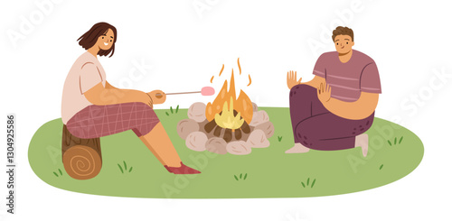 Man and woman cartoon characters getting warm near campfire. Vector couple camping, frying sausage or marshmallow on fire and sitting on logs in forest. Summer rest and leisure in nature, eco tourism