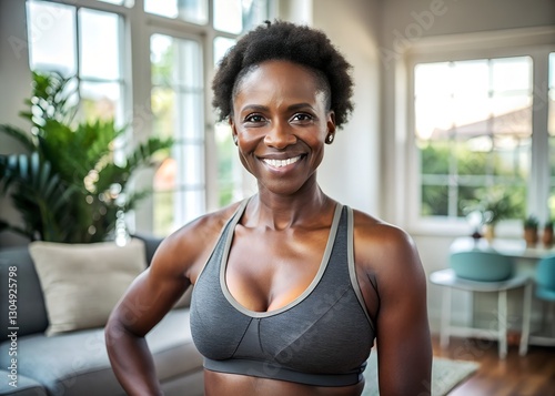 Adult African woman smiling in sports bra at home, healthy lifestyle Free Download Adult African woman smiling in sports bra at home, healthy lifestyle - GFXLoad