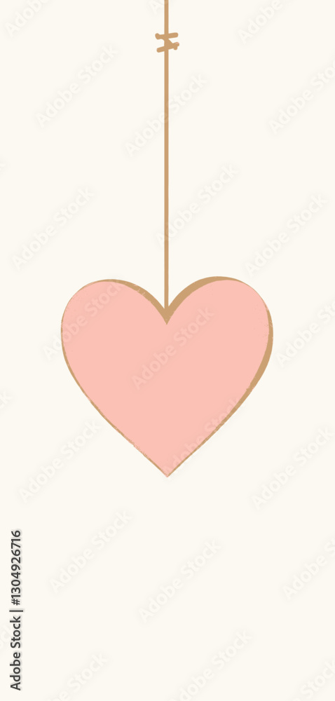Hanging pink heart with string on a white backdrop Hanging pink heart with string on a white backdrop
