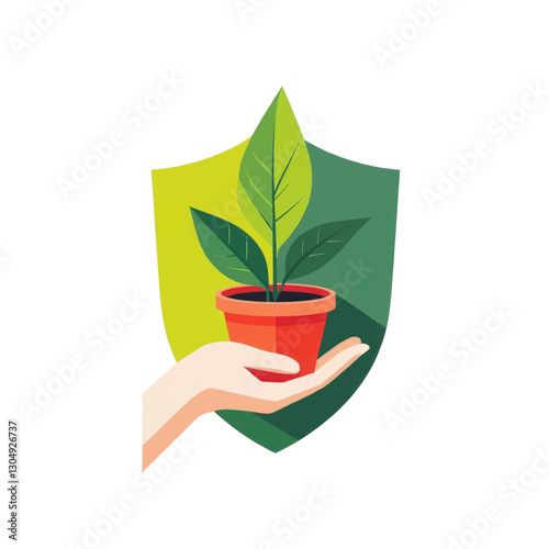 Hand holding potted plant with shield background