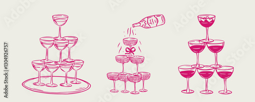 Set of whimsical hand-drawn champagne tower in trendy vintage style. Perfect for quirky wedding holiday, dinner and bar menu, bachelorette party, birthday invitation, sign