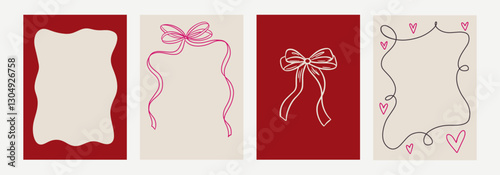 Set of elegant whimsical hand-drawn spring frames with wavy squiggle curly ribbons in trendy, vintage styles. Perfect for quirky holiday, wedding, bachelorette invitation