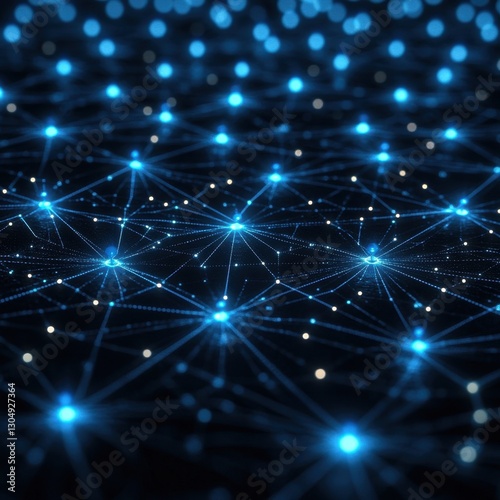 Abstract network with glowing nodes and connections in blue tones representing technology advancement