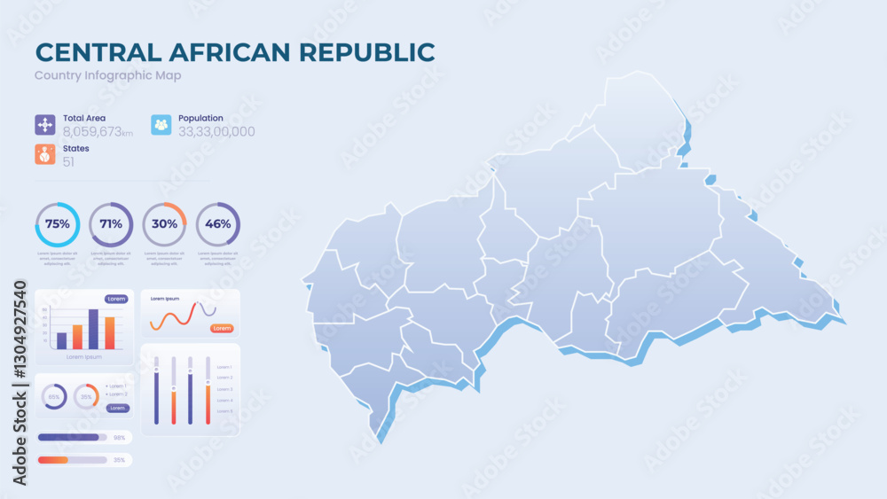 Obraz premium Infographic Map of Central African Republic. Total Area, Papulation, States & More Detailed Infographic Map of Central African Republic. Vector Illustration