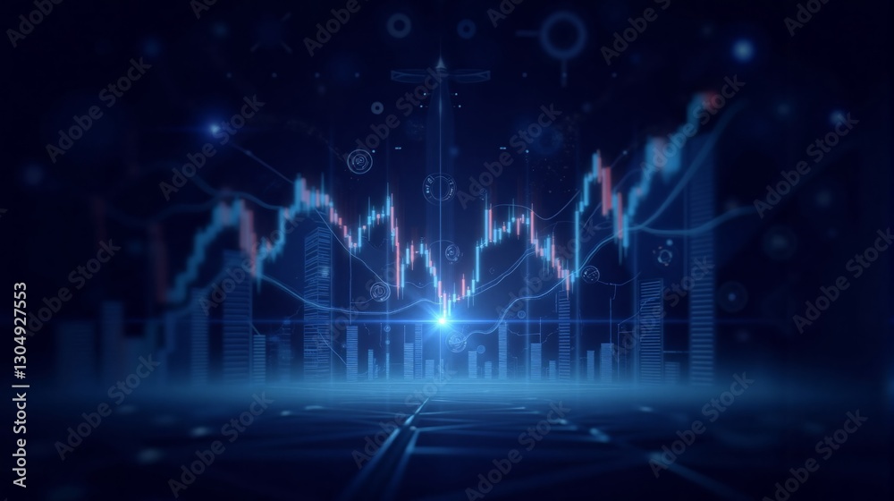 Naklejka premium Futuristic financial data visualization with blue graphs and indicators in a high-tech environment