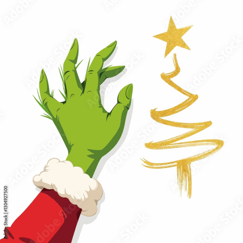 Green Grinch hand reaching for gold Christmas tree design
