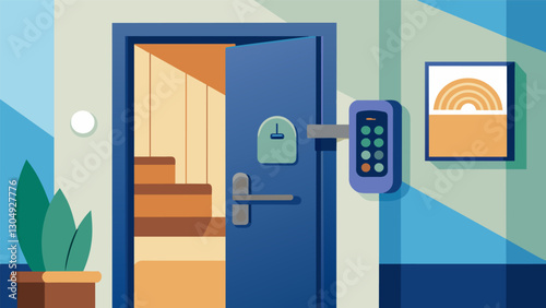 The entryway of a senior home now features a stateoftheart electronic door lock for added security and peace of mind.. Vector illustration