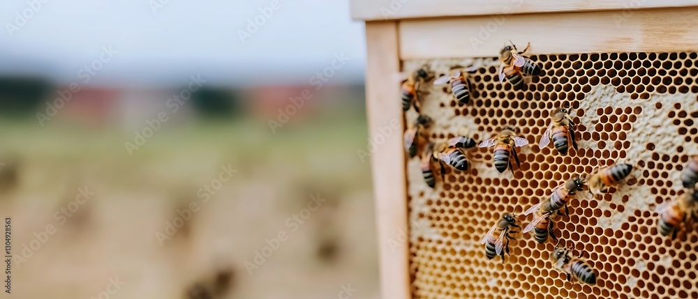 Bees Working in a Honeycomb Frame in Orchard. Apiary Bees Working in a Honeycomb Frame in Orchard. Apiary