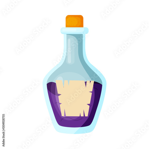 Magic violet potion in a glass bottle with a stopper in flat style isolated on white background. Vector illustration