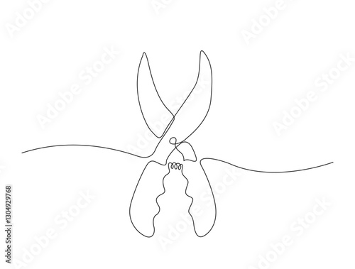 Continuous one line drawing of secateurs plant equipment. Plant scissors in single line draw illustration. Editable stroke.