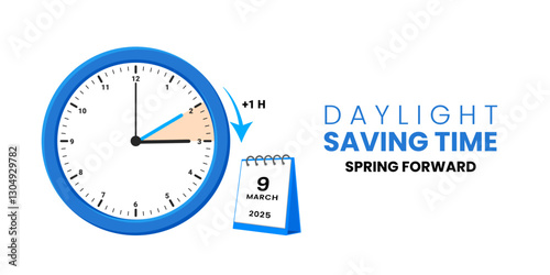 Daylight Saving Time Begins. The clock turns one hour on March 9, 2025. Spring forward concept banner. Vector illustration