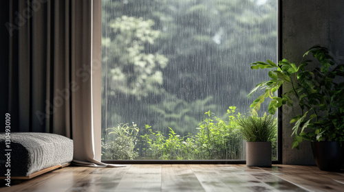 Rainy day window view scenery landscape interior inspiration backdrop wallpaper background