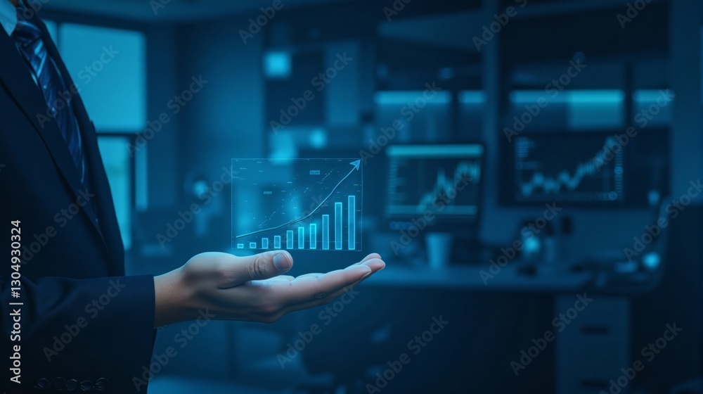 Man's hand in dark suit holds a glowing holographic graph in dimly lit futuristic control room with blue and purple screens. Image represents data analysis, business growth and financial forecasting Man's hand in dark suit holds a glowing holographic graph in dimly lit futuristic control room with blue and purple screens. Image represents data analysis, business growth and financial forecasting