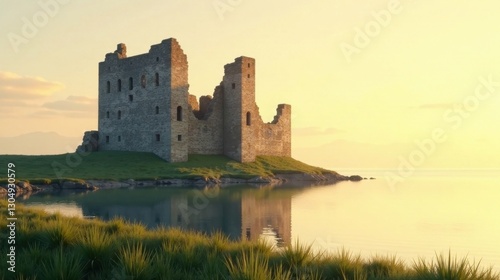 Golden Hour Reflection Ancient Stone Fortress Ruins on a Serene Coastal Shore