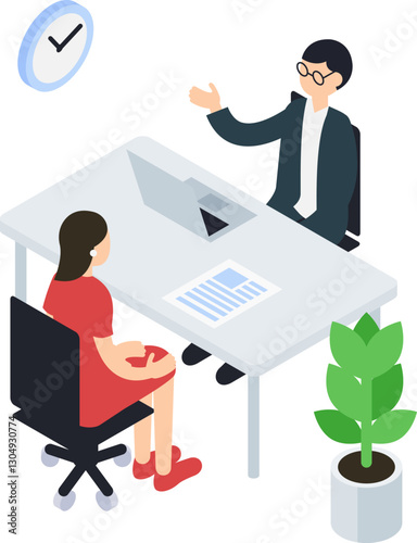 男性のアドバイザーに相談する女性のアイソメトリックイラスト
