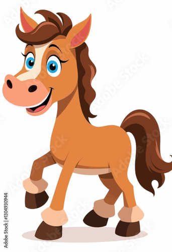 Cute cartoon brown horse with blue eyes smiling