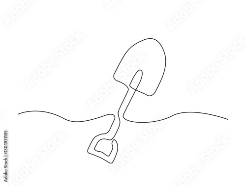 Continuous one line drawing of farmer shovel. Garden shovel  in single line draw illustration. Editable stroke.