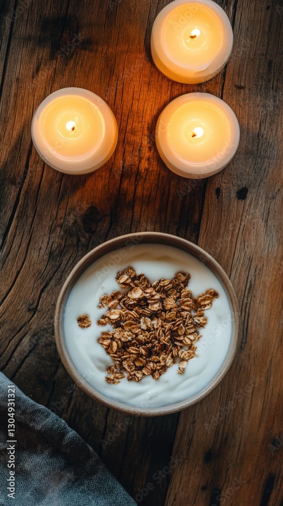 Yogurt with Granola and Candles on Wooden Table Yogurt with Granola and Candles on Wooden Table