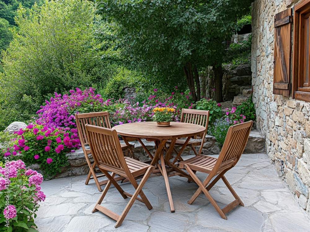 A cozy outdoor seating area with a wooden table and chairs surrounded by vibrant flowers and greenery. A cozy outdoor seating area with a wooden table and chairs surrounded by vibrant flowers and greenery.