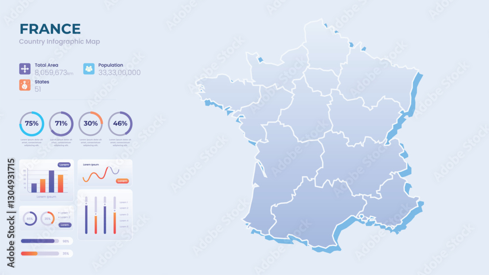 Infographic Map of France. Total Area, Papulation, States & More Detailed Infographic Map of France. Vector Illustration Infographic Map of France. Total Area, Papulation, States & More Detailed Infographic Map of France. Vector Illustration