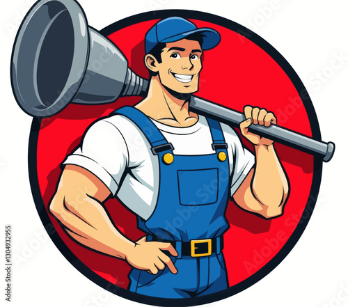 Cartoon Plumber with Plunger on Shoulder, Red Backdrop