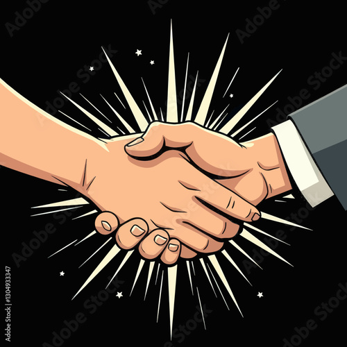 Cartoon handshake with shining star burst on black