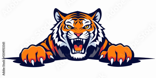 Cartoon ferocious tiger with orange and black stripes
