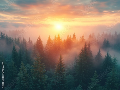 Ethereal sunrise over misty forest canopy with golden light illuminating evergreen trees and clouds creating a serene and scenic landscape from a high angle view