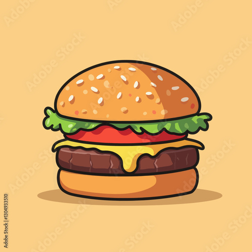 Cartoon burger with dripping cheese on tan backdrop