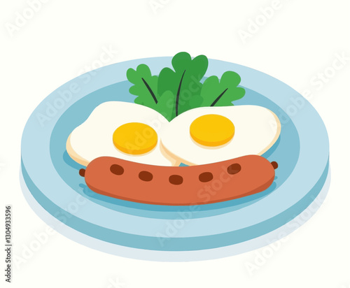 Cartoon Breakfast: Eggs, Sausage, and Green Garnish on Plate