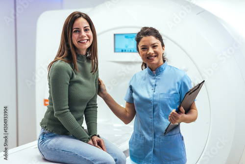 Smiling Patient and Friendly Technician Near Advanced Medical Imaging Equipment