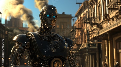 Steampunk Metropolis: A Futuristic Robot Roams the City Streets
