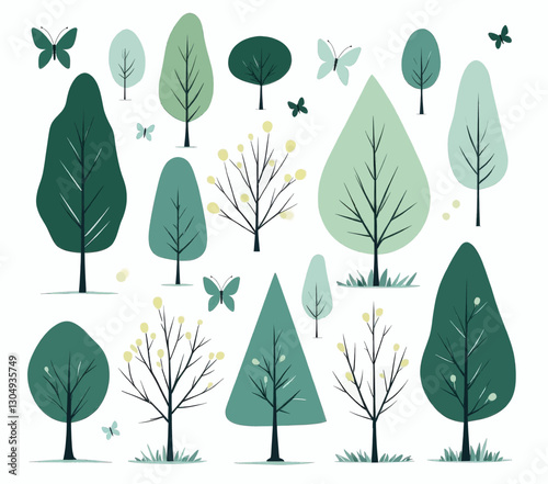 Assorted green trees and butterflies illustration on white