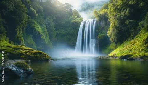 Majestic waterfall cascading over rocky ledge surrounded by lush greenery and mist, reflecting in calm water under a tranquil sky, serene natural landscape