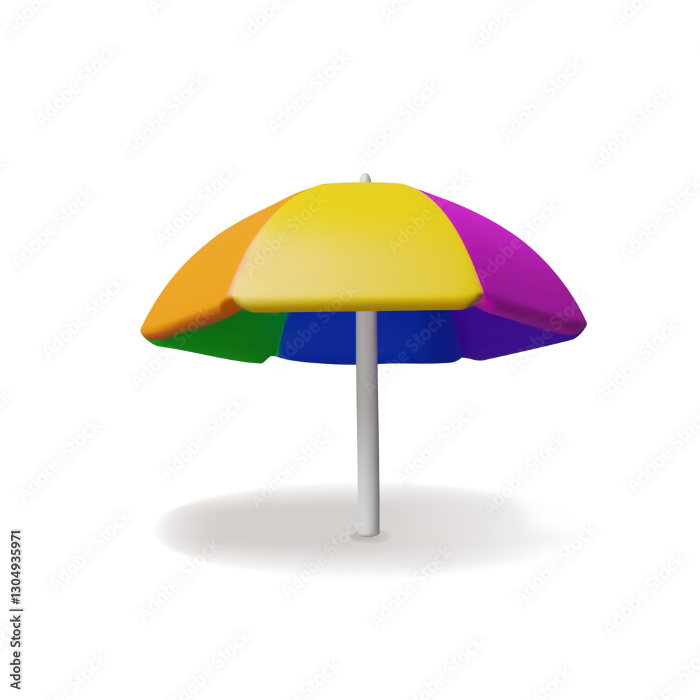 3d beach umbrella. Travel vector illustration. Three-dimensional sun parasol for summer holiday season. Relax vacation. Sunshade protection on the sand on the sea or ocean. Tropical rest in the shadow 3d beach umbrella. Travel vector illustration. Three-dimensional sun parasol for summer holiday season. Relax vacation. Sunshade protection on the sand on the sea or ocean. Tropical rest in the shadow