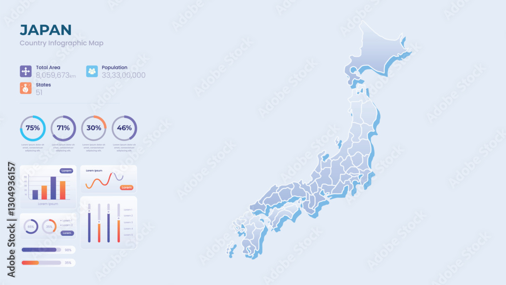 Naklejka premium Infographic Map of Japan. Total Area, Papulation, States & More Detailed Infographic Map of Japan. Vector Illustration