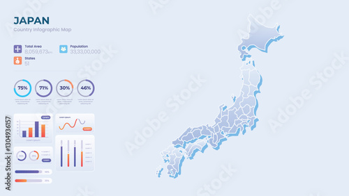Infographic Map of Japan. Total Area, Papulation, States & More Detailed Infographic Map of Japan. Vector Illustration