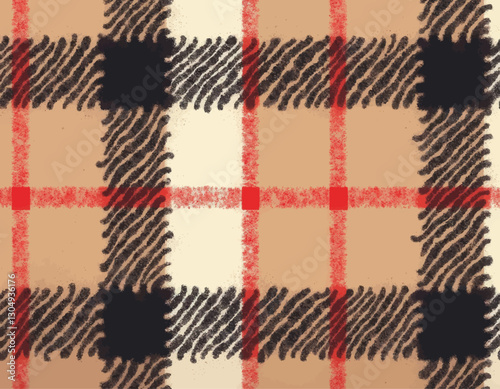 Beige, Black, and Red Plaid Pattern with Fuzzy Texture