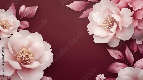Chinese ink painting on a maroon background with pale pink peony blossoms.