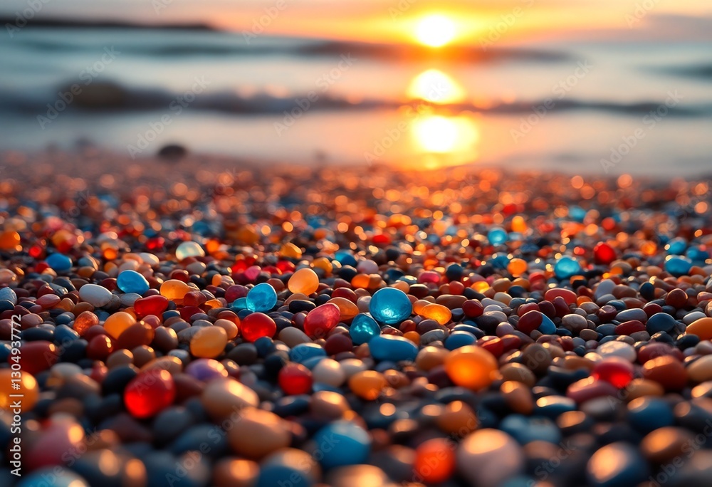 Fototapeta premium Glass beads on a beach at sunset.