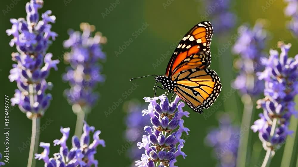 Beautiful monarch butterfly with orange and black wings is perched on a lavender flower, drinking nectar in a summer garden, with a blurred green background Beautiful monarch butterfly with orange and black wings is perched on a lavender flower, drinking nectar in a summer garden, with a blurred green background