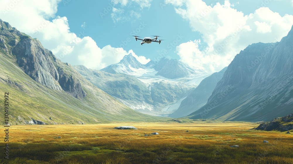 Obraz premium A quiet valley with flying drones surrounded by mountains and vast empty fields, combining nature and technology, background wallpaper AI generated image