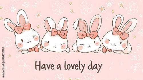Cute Cartoon Bunnies with Bows on Pastel Pink Background: 