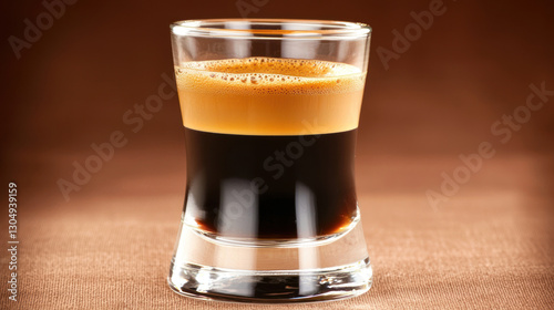 clear glass of espresso with rich crema on brown background