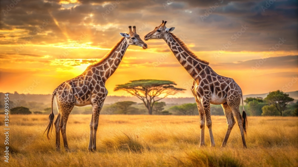 Obraz premium Golden Hour Giraffe Encounter A Serene Sunset Silhouette in the African Savanna