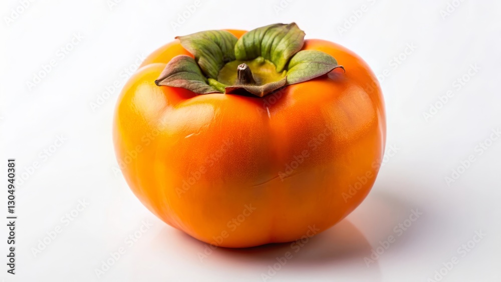 A single ripe persimmon fruit, showcasing its vibrant orange hue and delicate calyx, rests on a pristine white surface. A single ripe persimmon fruit, showcasing its vibrant orange hue and delicate calyx, rests on a pristine white surface.