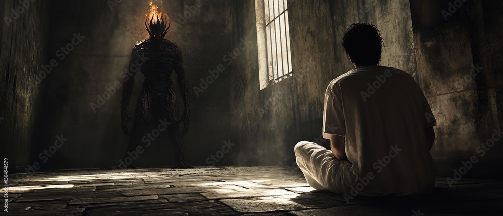 Fototapeta premium Man faces fiery demon, prison cell, fear