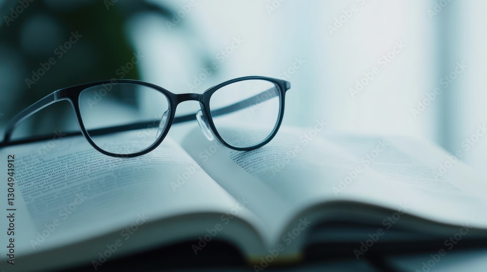 Open book with eyeglasses, home office scene, study Open book with eyeglasses, home office scene, study