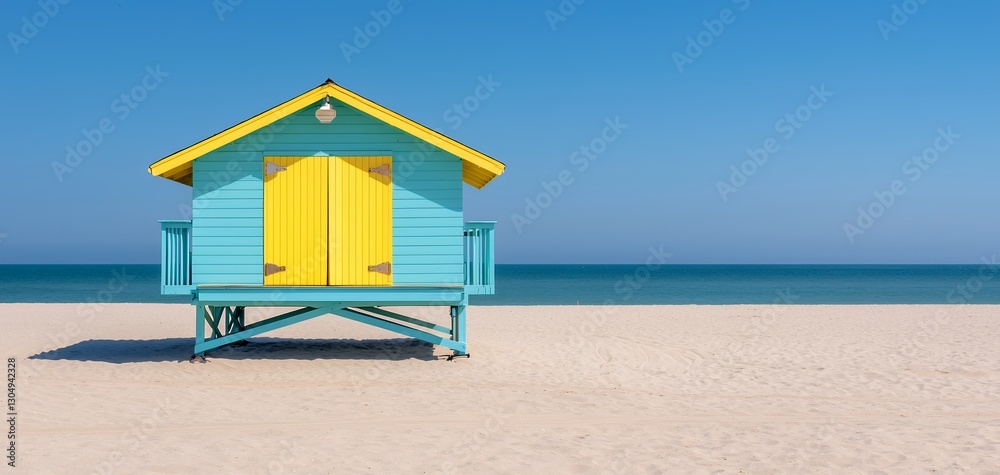 Bright Yellow and Light Blue Beach House on Sandy Beach Under Clear Blue Sky Bright Yellow and Light Blue Beach House on Sandy Beach Under Clear Blue Sky